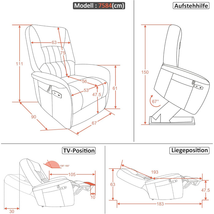 Крісло для телевізора M MCombo з електричним підйомником, 2 двигуни, з масажем та підігрівом, реклайнер з функцією лежання до 160, подушка сидіння з повного пінополіуретану 35D 7584 (мікрофібра, сірий)