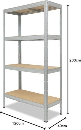 Професійний надміцний стелаж, оцинкований/металевий стелаж з 4 полицями, вантажопідйомність 200 кг кожна/металевий стелаж для підвалу, гаражний стелаж, стелаж для майстерні або стелаж для зберігання/металевий стелаж без болтів В 200см / Ш 120см / Г 40см, 