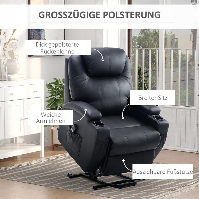 Електричне крісло-реклайнер HOMCOM з підйомником, розкладне крісло з пультом дистанційного керування, підстаканник, бічна кишеня, підставка для ніг, штучна шкіра, чорний колір