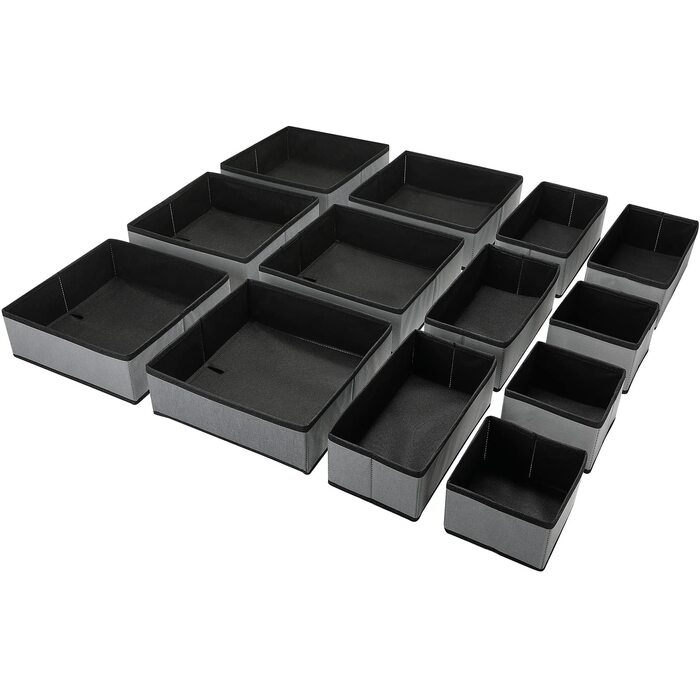 Набір Puricon з 13 коробок для зберігання тканини, органайзери для шухляд/системи для зберігання одягу, складні коробки для зберігання в гардеробах та спальнях - сірі, 13 предметів