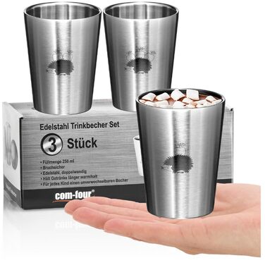 Дитячі стаканчики для пиття з нержавіючої сталі - 250 мл ізольовані стаканчики з нержавіючої сталі 304 - Стійкі до ударів стаканчики для кемпінгу - Двостінні ізольовані стаканчики - Без бісфенолу А (Hedgehog - 3 шт.), 3 шт.