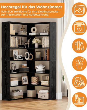 Книжкова полиця IRONCK, 6 ярусів, кутова полиця, висота 180 см, окремостояча дерев&39яна L-подібна відкрита полиця, полиця для зберігання речей для кабінету, офісу, вітальні, спальні (чорна)