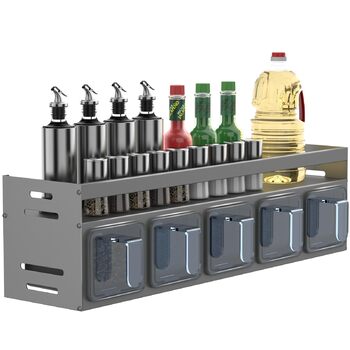 Настінна полиця для спецій Soontrans, 40 x 10,7 x 12,3 см, Кухонна настінна полиця з 5 коробками для спецій, металева полиця для спецій (не потребує свердління), підвісна кухонна полиця, органайзер для спецій для кухонної стільниці та шафи