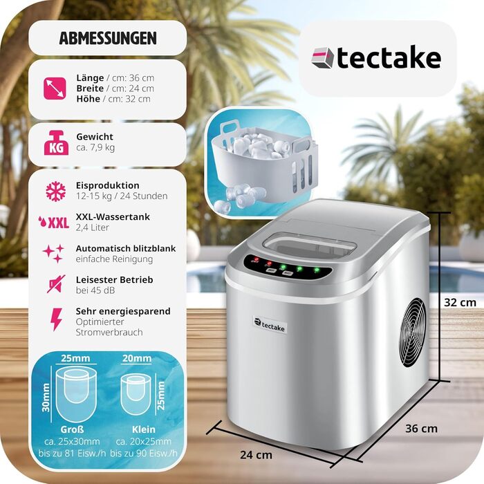 Машина для виробництва кубиків льоду tectake, 12-15 кг за 24 години, льодогенератор, 9 кубиків льоду за 5-13 хвилин, льодогенератор з резервуаром для води на 2,4 літра, льодогенератор, включаючи совок для льоду та відро для льоду, 2 розміри кубиків - сріб