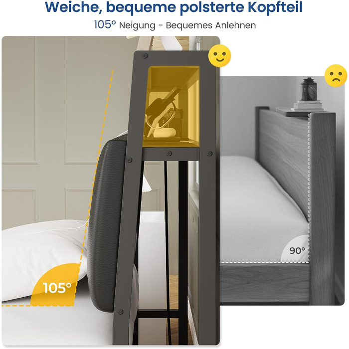 Ліжко 90x200 см з металевою рейковою основою, каркас ліжка 90x200 см зі світлодіодним підсвічуванням, дитяче ліжко 90x200 см з узголів&39ям та зарядною станцією (2 розетки змінного струму, 2 порти USB), металеве односпальне ліжко, чорне, 90x200 см