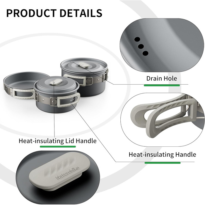 Набір посуду для кемпінгу Naturehike, каструля для 2-7 осіб, для кемпінгу, походів на свіжому повітрі, пікніків, барбекю (2-4 особи)