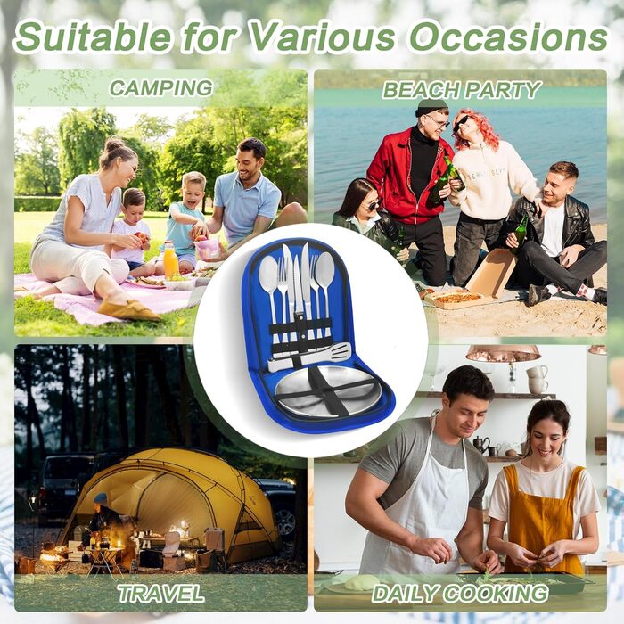 Набір посуду для кемпінгу на 2/4 особи, 11/21 предметів аксесуарів для кемпінгу, набір для пікніка з нержавіючої сталі з відкривачкою для пляшок, ножем для стейку, ложкою, виделкою, ножем та тарілкою для кемпінгу/барбекю/походів, синій