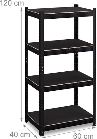 Міцний стелаж Relaxdays, ВxШxГ 120x60x40 см, 4 полиці, сталь, чорний 1000 кг, полиця для зберігання в підвалі, гаражі, підключається до розетки