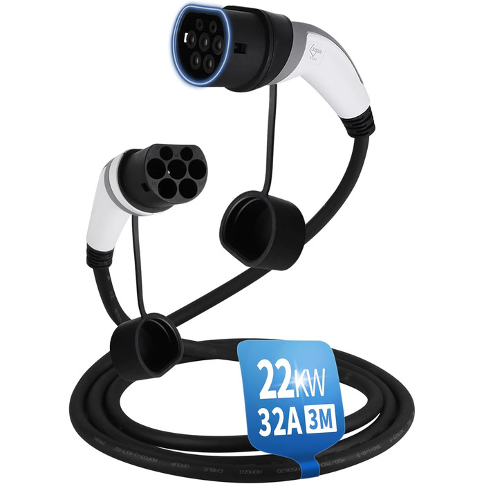 Зарядний кабель EVIEUN тип 2 22кВт 32А для гібридних та електромобілів 3 фази 3-метровий зарядний кабель типу 2, зарядний кабель е