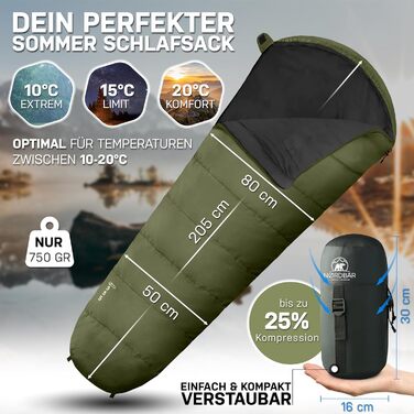 Сезонний та літній надлегкий спальний мішок 750 г/1500 г Кемпінговий спальний мішок-мумія Маленьке пакування 100 г/м/300 г Спальний мішок для подорожей на природі Літній спальний мішок оливкового кольору - 750 г, 3-