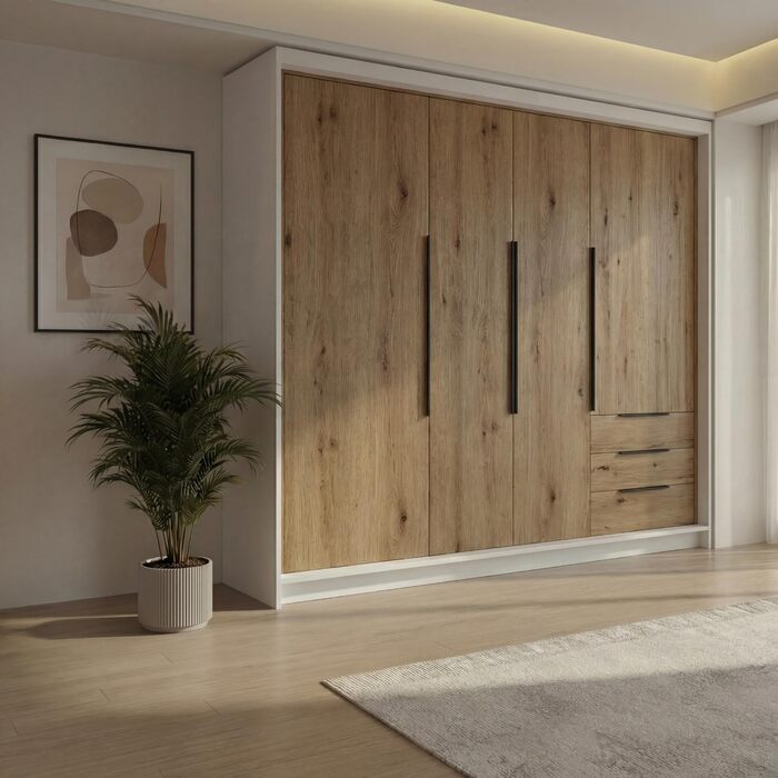 Шафа, 4-дверна з 3 шухлядами 200 x 215 см Шафа з відкидними дверима, рейкою для одягу та полицями, колір K. білий/T. sonoma/S. sonoma