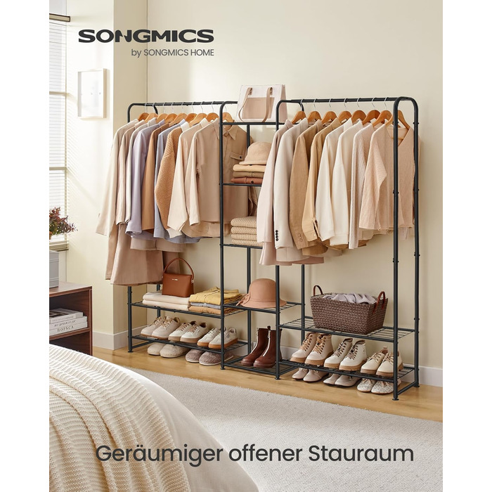 Вішалка для одягу, Відкрита шафа, Вішалка для одягу, Вішалка для пальто з полицями, Металева шафа, Окремостояча, 29 x 183 x 158,4 см, Матовий чорний LGR463B01 183B см Матовий чорний