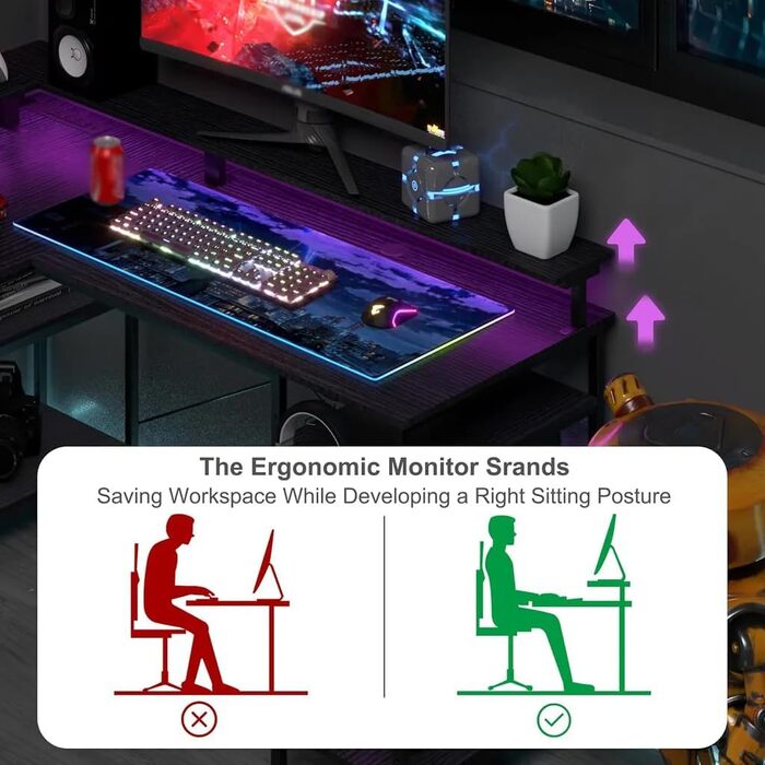 Г-подібний ігровий стіл зі світлодіодним освітленням та розетками, кутовий стіл 140x140 см, двосторонній комп&39ютерний стіл з полицею для монітора, 4 полиці та бічні кишені для домашнього офісу та офісу, чорний, 140x140x85 см