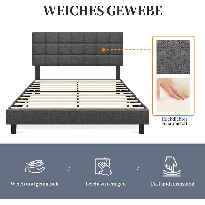 М&39яке ліжко Yaheetech 140 x 200 см Двоспальне ліжко з регульованим узголів&39ям по висоті, міцний каркас ліжка Тканинне ліжко з рейковою основою, м&39який каркас ліжка Дитяче ліжко, темно-сірий колір Темно-сірий 140 x 200 см