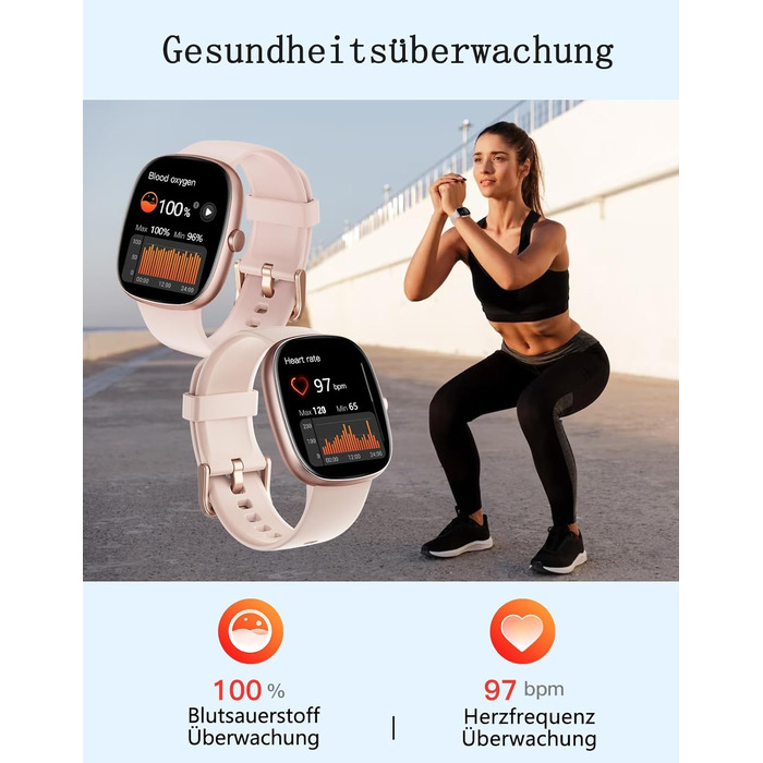 Жіночий смарт-годинник HUAKUA з функцією телефону, фітнес-годинник 1,85 дюйма з монітором серцевого ритму/монітором сну SpO2/100 спортивні режими, крокомір, водонепроникний фітнес-трекер IP68 для телефонів Android та iOS, рожеве золото