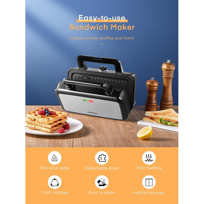 Сендвіч-машина HOUSNAT 3 в 1 - вафельниця, контактний гриль, сендвіч-машина - 1200 Вт з 5-швидкісним регулюванням температури - для бельгійських вафель - Антипригарне покриття - ідеально підходить для сніданку, кемпінгу та багато іншого Чорний