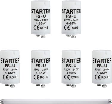 Пакет із 6 стартерів, люмінесцентний пускач FS-U, 4-65 Вт, 220-240 В, надійний пускач розпалу для окремих ланцюгів люмінесцентних ламп, безпечний та ефективний для патронів УФ-стрічок клас енергоспоживання G