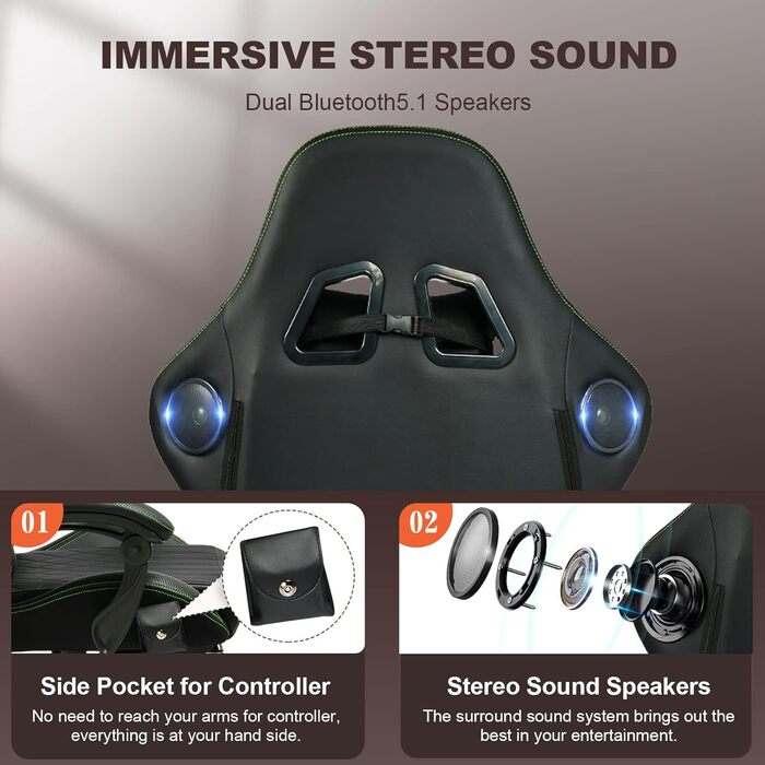 Ігрове крісло GTPLAYER, ергономічне ігрове крісло, стілець для роботи, гоночне крісло для ПК з підставкою для ніг, динаміки, музика, офісне крісло, витримує до 150 кг, зелений