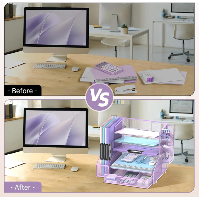 Настільний органайзер SUPEASY з тримачами для файлів, 5-ярусний сітчастий органайзер для лотків для листів з тримачем для ручок та шухлядою, настільний органайзер та місце для зберігання з 3 похилими сортувальниками файлів, фіолетовий