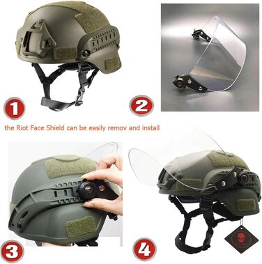 Тактичний шолом для страйкболу MICH 2000, військовий пейнтбол, з прозорим козирком, захисним щитком для обличчя, окулярами та бічною планкою, кріпленням для ПНВ, зеленого кольору