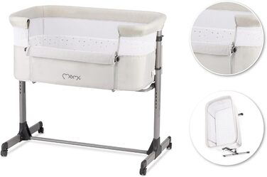 Багатофункціональне приліжкове та дитяче ліжко Momi REVO, 6-рівневе регулювання висоти від 72 до 82 см, з колесами, включаючи матрац, кріпильні ремені, сітку від комах та ручку з іграшками