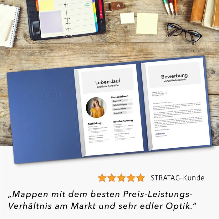 Трисекційних папок для аплікацій, синього кольору, з 2 затискними рейками з текстурою тонкої шкіри - високоякісне тиснення &quotAPPLICATION&quot - безпосередньо від виробника STRATAG, 10