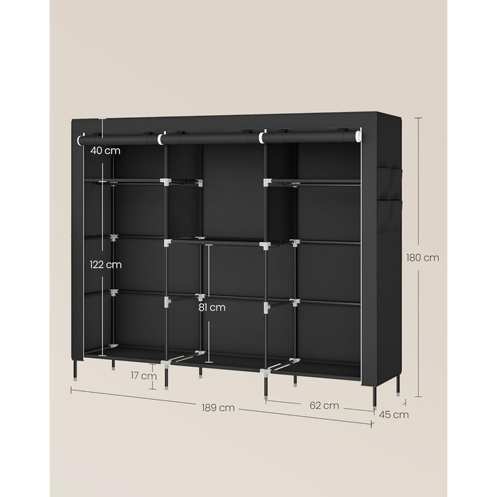 Шафа, Тканинна шафа для спальні, Шафа з вішалкою для одягу, Полиці, Бічні кишені, Велика, 4 відділення для вішалок, 45 x 189 x 180 см, Чорний RYG011BZ02 189B см