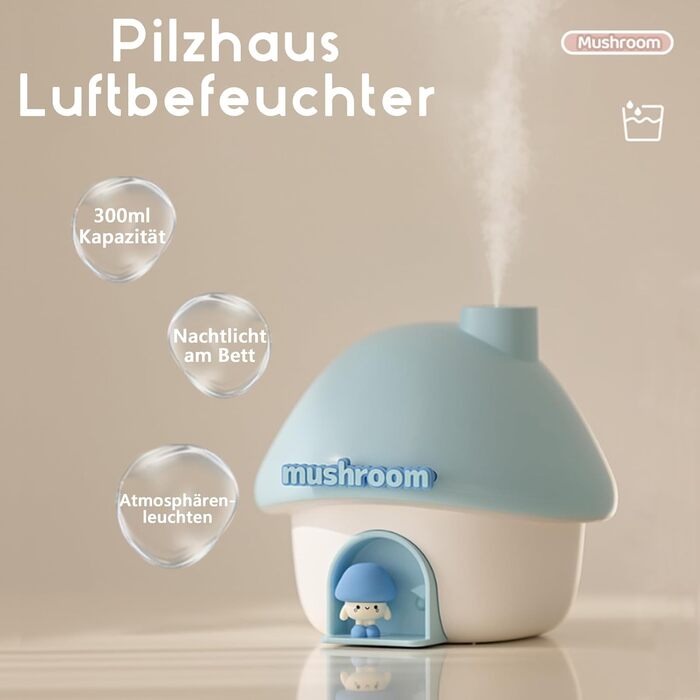 Мл Cute Mushroom House Humidifier Міні-зволожувач USB з 7 кольорами підсвічування, автоматичним відключенням і безшумним режимом для офісу, спальні, автомобіля, робочого столу (синій), 300