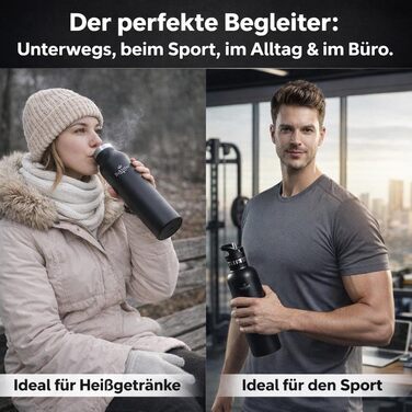 Пляшка для води Bakhtiar з подвійними стінками з нержавіючої сталі - Преміальна ізольована пляшка для гарячих та холодних напоїв - Спортивна пляшка з двома кришками - Підходить для газованих напоїв (Чорна, 1000 мл) Чорна 1000 мл