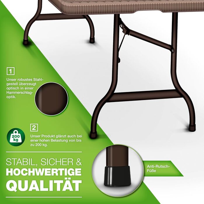 Складаний садовий стіл tillvex, вигляд з ротанга, 180x75 см Буфетний стіл з ручкою для перенесення Складаний стіл для саду, патіо та балкону Кемпінговий стіл на 6 осіб, коричневий