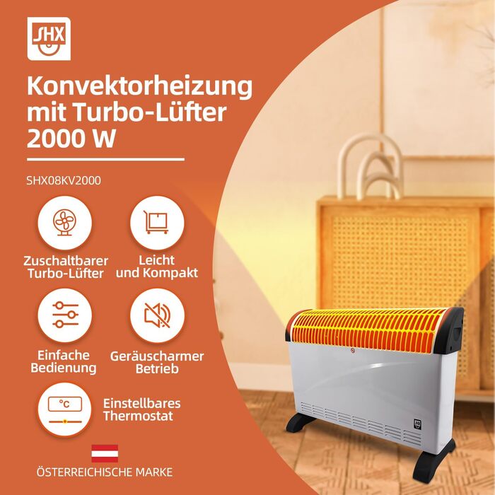 Конвекторний обігрівач SHX з турбовентилятором 2000 Вт SHX08TKV2000 радіатор 2000 Вт, запобіжний термостат, 3 рівні потужності, захист від перегріву, низький рівень шуму, білий