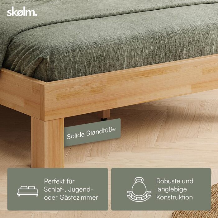 Ліжко Skølm Floki з масиву дерева 140x200 см з бука - високоякісний каркас ліжка - каркас ліжка з узголів&39ям - дерев&39яне ліжко з натуральним промасленим покриттям - ліжко 140x200 см, підходить як двоспальне ліжко - футон 140x200 см з узголів&39ям