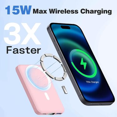 10000mAh Wireless Power Bank with USB C in&Out, 22.5W Small but Strong Magnetic Power Bank for iPhone 16/15/14/13/12 Pro/Pro Max/Plus/Mini (Pink), 10000mAh Wireless Power Bank with USB C in&Out, 22.5W Small but Strong Magnetic Power Bank for iPhone 16/15/