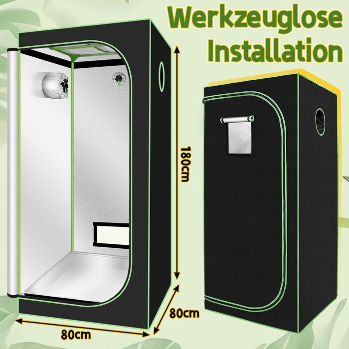 Тент для вирощування Growzelt 80x80x180 см, щільність 600D Oxford. Гроубокс для домашнього вирощування, світлонепроникний та водонепроникний, ідеальний для гідропоніки в приміщенні.