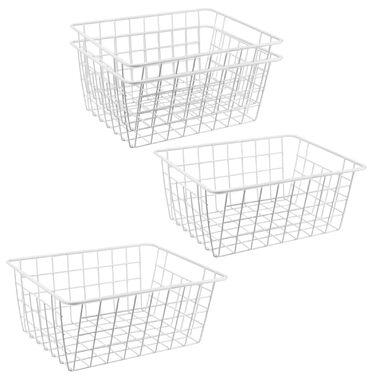 Набір із 4 білих металевих дротяних кошиків, 28 x 22 x 12 см, штабельовані дротяні кошики для зберігання, кошики для морозильної камери, сітчасті кошики для ванної кімнати, офісу, кухні, шафи, полиці