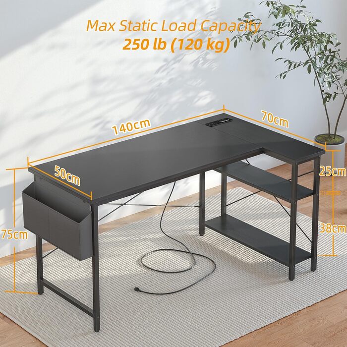 Ігровий стіл BEXEVUE L-подібної форми, 140 x 70 см, двосторонній ігровий комп&39ютерний стіл з розетками та боковими кишенями, кутовий стіл для офісу та дому, міцніший X-подібний кронштейн, чорний 140 x 70 см (подовжувач)
