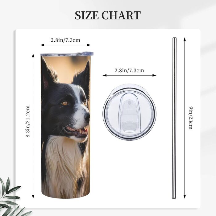 Кухоль з прямою трубочкою, дизайн Бордер-коллі, принт, дорожній кухоль, підходить для кемпінгу, офісу та дому, 590 мл