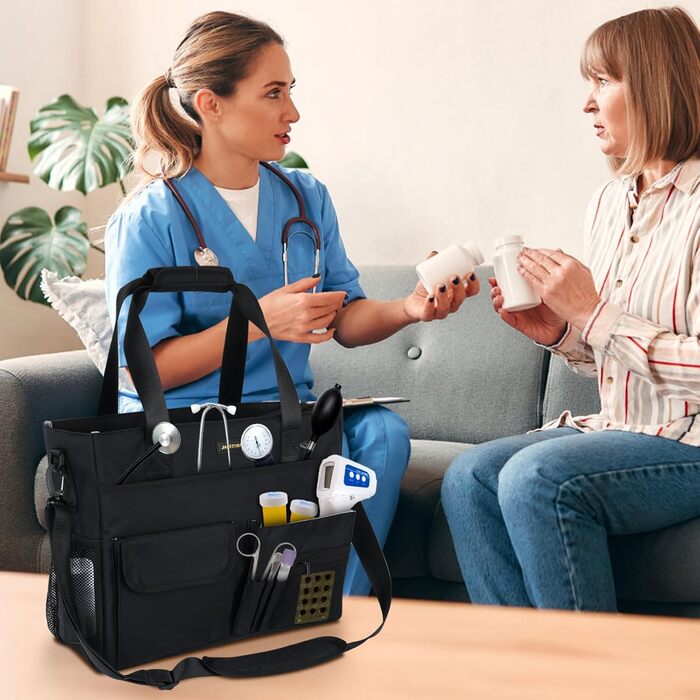 Жіноча сумка для вчителя, сумка для ноутбука з 15 кишенями, робоча сумка для медсестер, вчителів та лікарів, чорна XL (41 x 15 x 32 см)