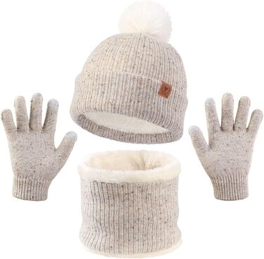 Дитячий зимовий комплект OZERO (6-12 років) - в&39язана шапка, шарф-петля, терморукавички з флісовою підкладкою, нековзні рукавички, теплий комплект із 3 предметів для хлопчиків та дівчаток, для ігор на вулиці та дитячого садка, бежевий