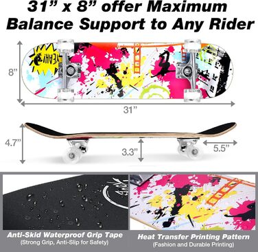 Скейтборд BELEEV для початківців, 31 x 8 дюймів повний скейтборд для дітей підлітків дорослих, 7-шаровий канадський клен подвійний