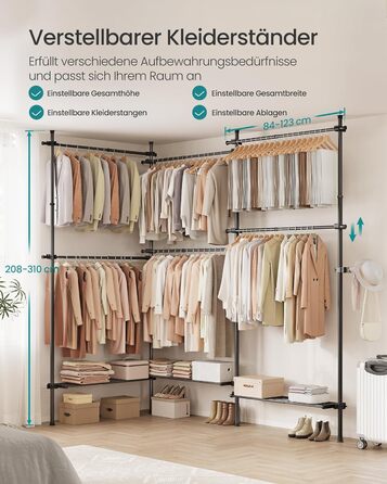 Телескопічна вішалка для одягу SONGMICS, 3-рівнева шафа, регульована по висоті та ширині, відкрита шафа з 6 шт. ангами для одягу та 3 знімними полицями, поручень, матово-чорний HSR155B01 3 ряди (240 Вт-353 Вт) см матово-чорний