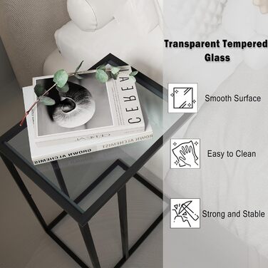 С-подібний приставний столик, комплект з 2 приставних столиків до дивана, журнальний столик, маленький столик, столик до дивана, тумбочка біля ліжка, бічний столик, столик для ноутбука, столик до дивана, скло, чорний (2 шт.)