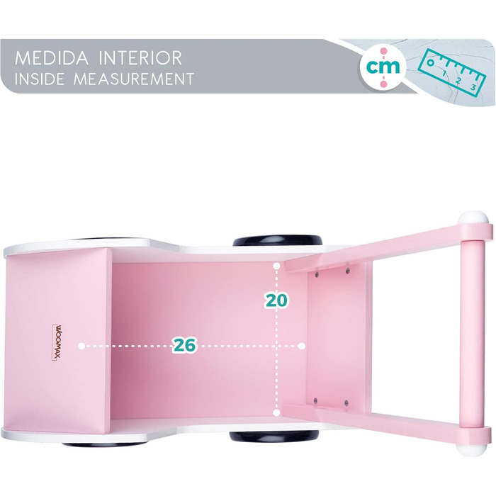 Дерев'яна, 26,5 x 39 x 46 см, рожево-біла, з колесами, для ляльок від 30-40 років, коляска для дитячих іграшок 3 роки, коляска для