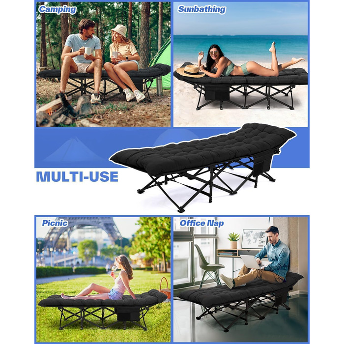 Розкладне ліжко Sportneer з матрацом, ширина 71 см, вантажопідйомність 204 кг, гостьове ліжко, туристичне ліжко, похідне ліжко з сумкою для зберігання для дорослих, для вулиці, в приміщенні, саду, кемпінгу, подорожей, 188 см 71 см 37 см, чорнийчорний
