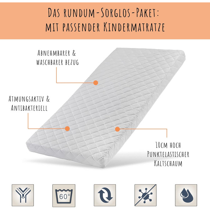 Дитяче ліжко Kids Collective 90x200 з матрацом, поручнем та рейковою основою білого кольору, підходить для дівчаток та хлопчиків, підліткове ліжко 90 x 200 см білий матрац