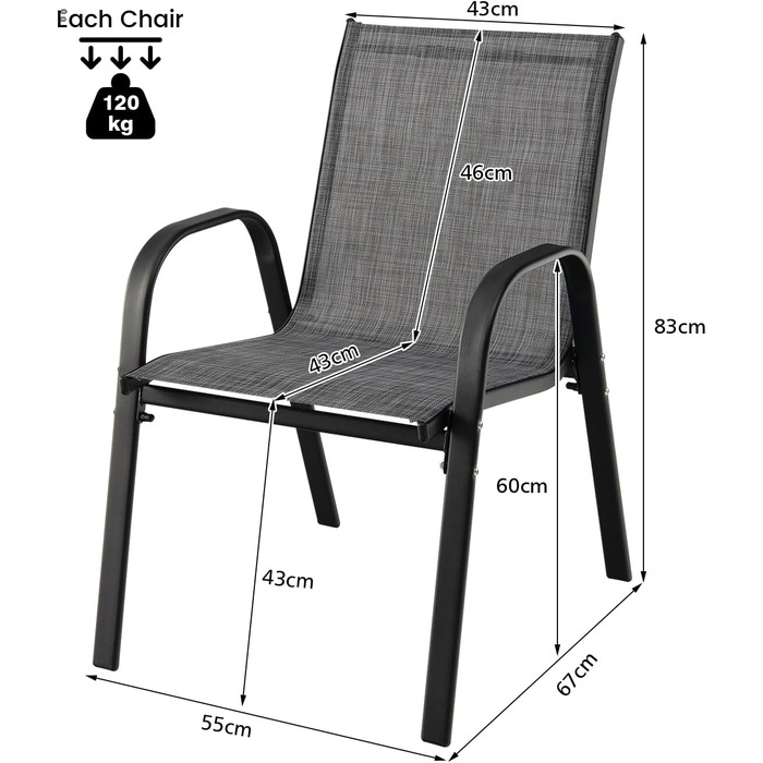 Набір з 2 шт. абельованих садових стільців, Крісла для патіо з підлокітниками, Штабельовані стільці з металевого каркасу, Балконні стільці 55 x 67 x 83 см, Обідні стільці для патіо, Тераса (2 шт. и) Чорний, Сірий 2 шт. и