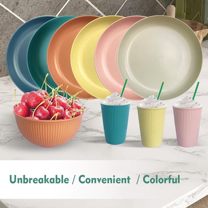 Набір посуду для кемпінгу на 6 осіб, 18 предметів, міцний пластиковий набір для пікніка, вечірок та дому, легкий, придатний для мікрохвильової печі та посудомийної машини, дитячий посуд для кемпінгу, 1 колір