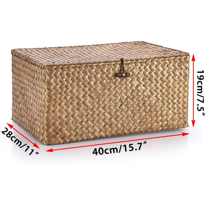Плетений кошик для зберігання з морської трави з кришкою, натуральний плетений коричневий кошик-поличка з пряжкою для організації іграшок, одягу, фруктів для гардеробу, вітальня, 40 x 28 x 19 см, кавово-коричневий