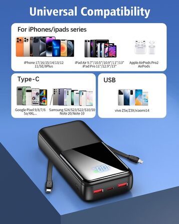 Портативний зарядний пристрій ємністю 40000 мАг, 22,5 Вт, з функцією швидкої зарядки PD через USB-C, 3 порти та 2 вбудовані кабелі, зовнішній акумулятор, сумісний з iPhone 17, 16, 15, 14, 13, Android та іншими пристроями, 40000 мАг, чорний