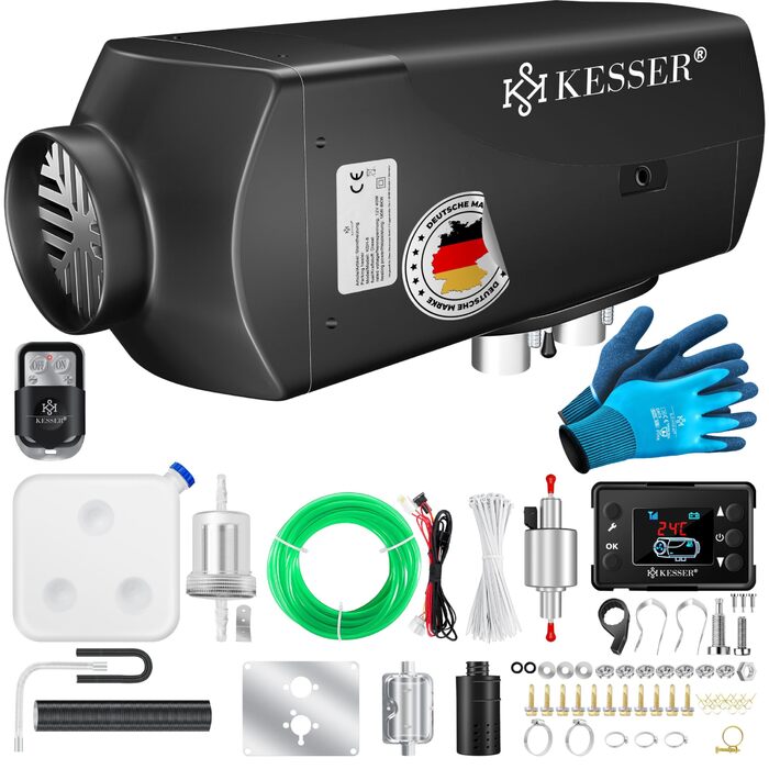 Дизельний обігрівач KESSER 8 кВт Дизельний обігрівач 12 В/24 В з таймером, РК-дисплеєм та пультом дистанційного керування Швидкий нагрів Повітряний обігрівач з глушником та термостатом (чорний, 8 кВт) Чорний 8 кВт